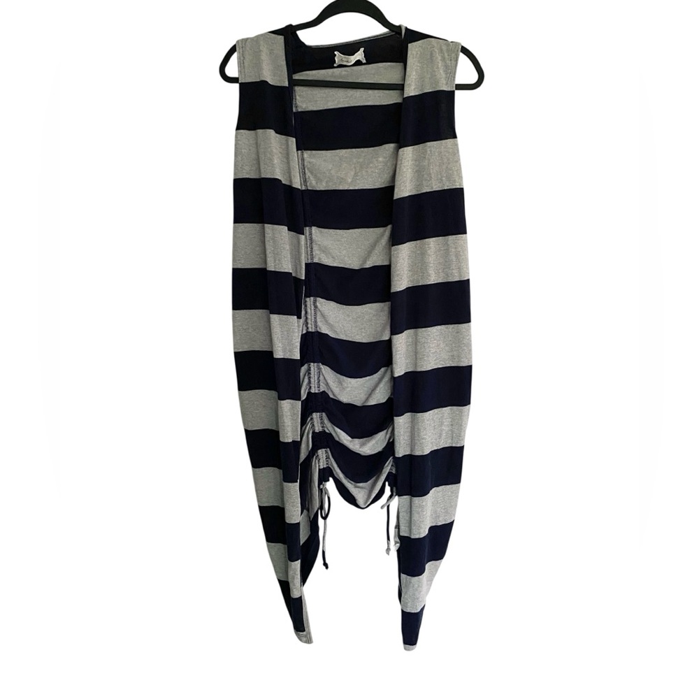 Striped Open Front Duster Vest Navy Grey Ruched Longline Cardigan Y2K Aesthetic